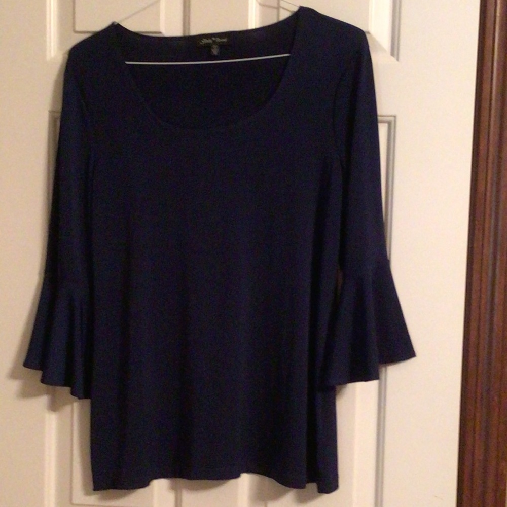 Navy, flare sleeve Slinky Brand top, size medium